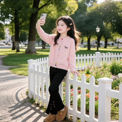 汐玥童装&25143-1腊肠狗彩扣开衫黑色喇叭裤