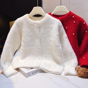 女童毛衣水貂绒开衫秋冬款2026新款中大童女童毛衣外套红色毛衣
