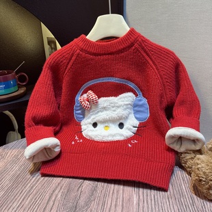 女童毛衣加绒加厚秋冬款2025新款中大童加德绒猫咪毛衫外套洋气