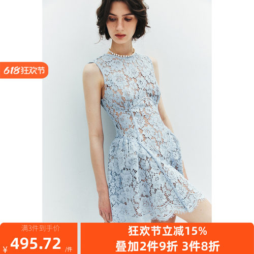 【现货】定制股线蕾丝 立体剪裁圆领无袖收腰蓬蓬裙连衣裙女