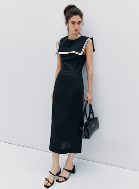 【街拍主角】1OO%亚麻 简约风撞色拼接长短款海军领收腰连衣裙