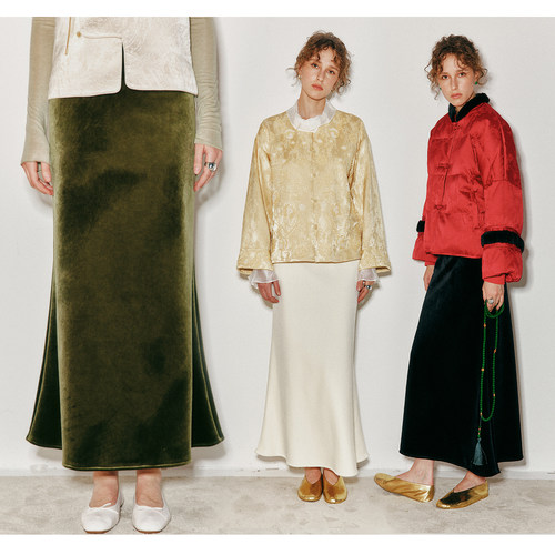 高级雾面光泽金丝绒A字长款半裙