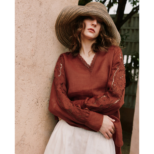 重工定位刺绣镂空V领套头衬衫 法式 1OO%苎麻 衬衣女 松弛灵魂