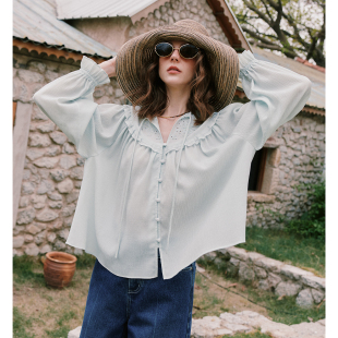 衬衫 精美定位绣花宽松灯笼袖 定制泡泡绉面料 衬衣女 轻盈松弛