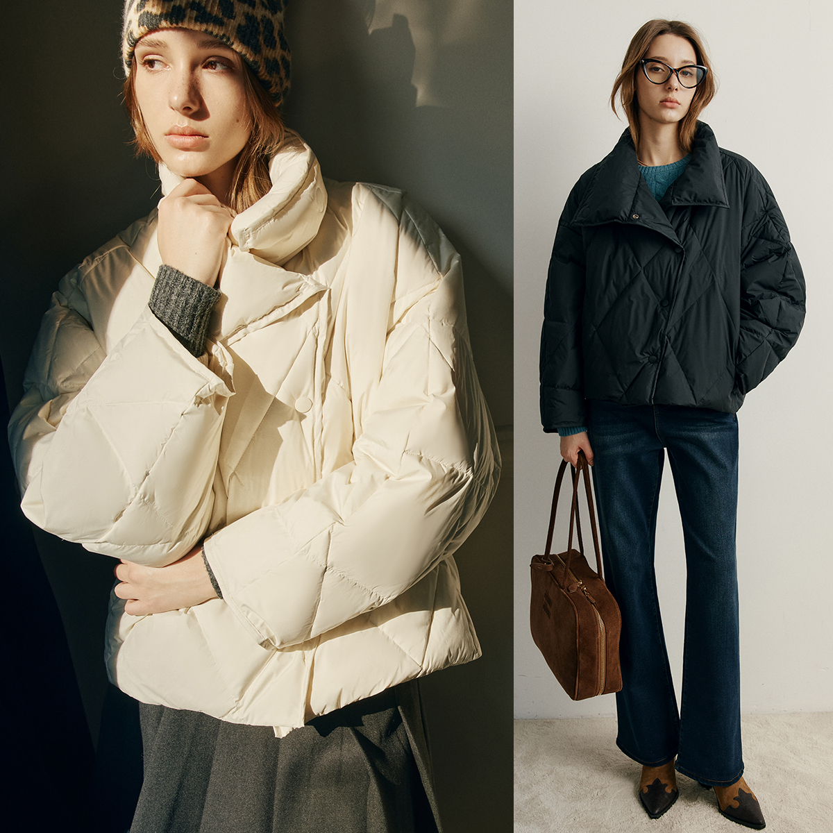 【轻暖舒适】时髦有型 轻量感不对称剪裁菱格纹绗缝羽绒面包服女