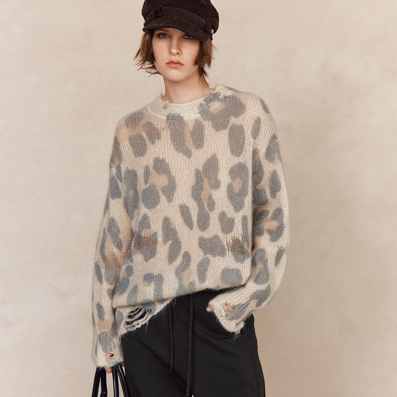 野性豹纹印花空针破坏感套头毛衣