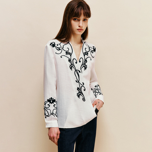 亚麻衬衫 衬衣女 异域风情V领长袖 法式 摩纳哥假日 重工定位刺绣