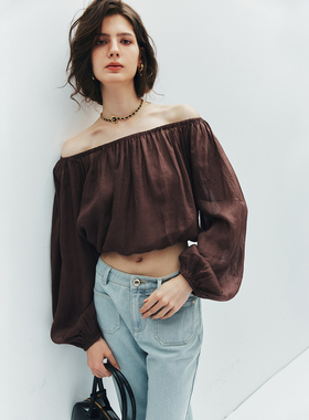 现货【纤盈空气感】1OO%苎麻 松紧一字领露肩灯笼袖衬衫衬衣上衣