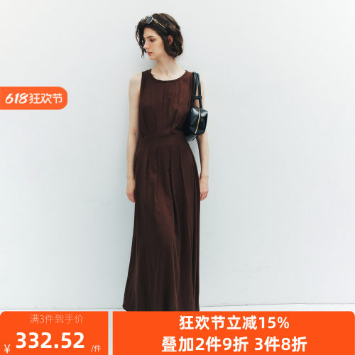 【天然空调】天丝麻 性价比赫本风圆领无袖压褶收腰茶歇裙连衣裙