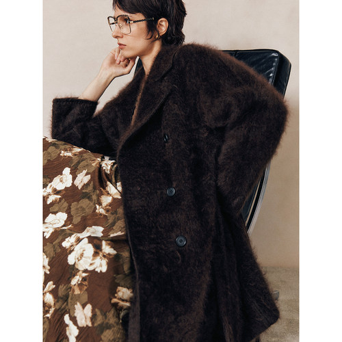 贵价拉毛拉绒双排扣呢子大衣