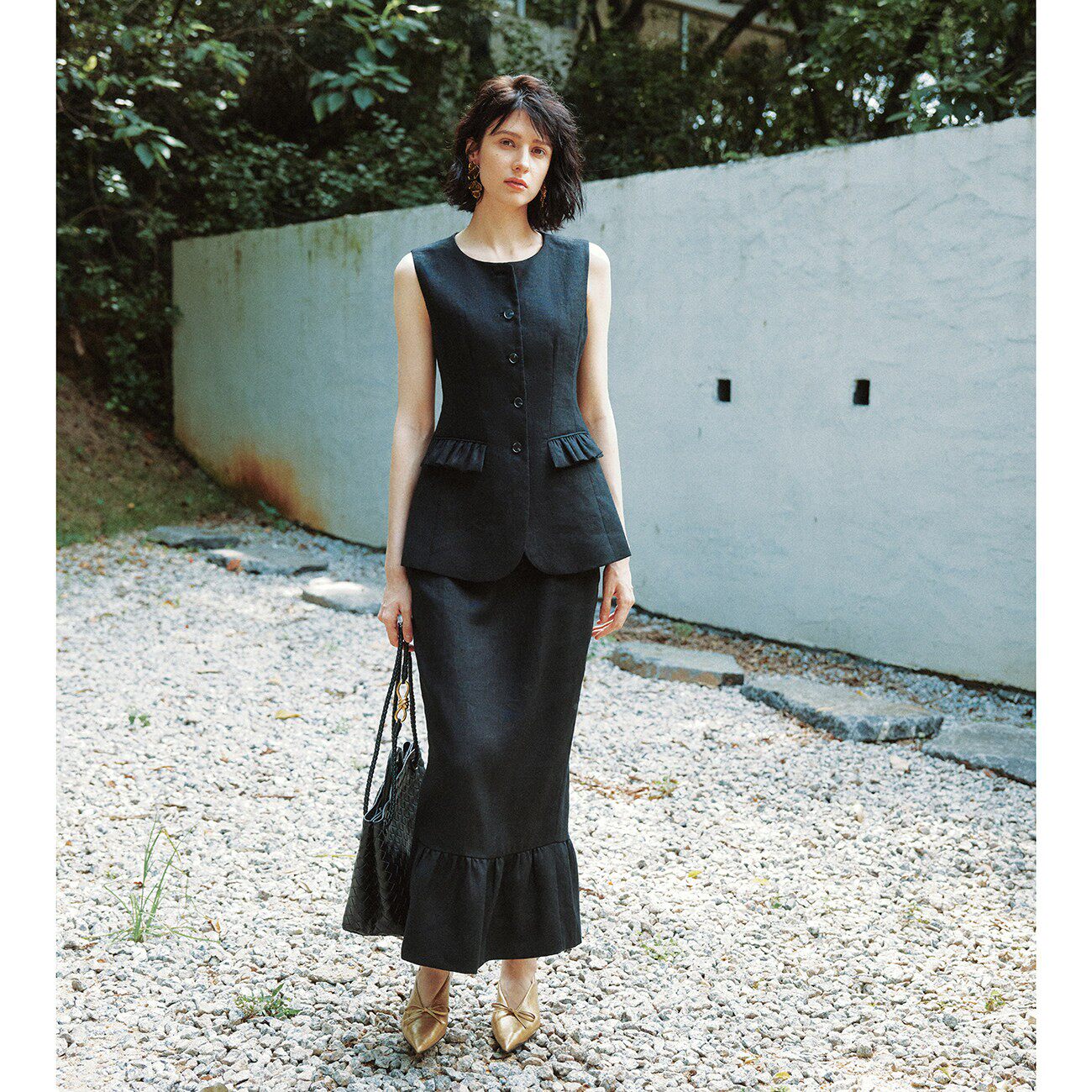 【INS爆款】1OO%亚麻 老钱风圆领无袖收腰马甲+荷叶边半裙套装