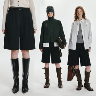 粗腿救星 短裤 帅气时髦 毛呢法兰绒磨毛百慕大西装 女 简约厚款