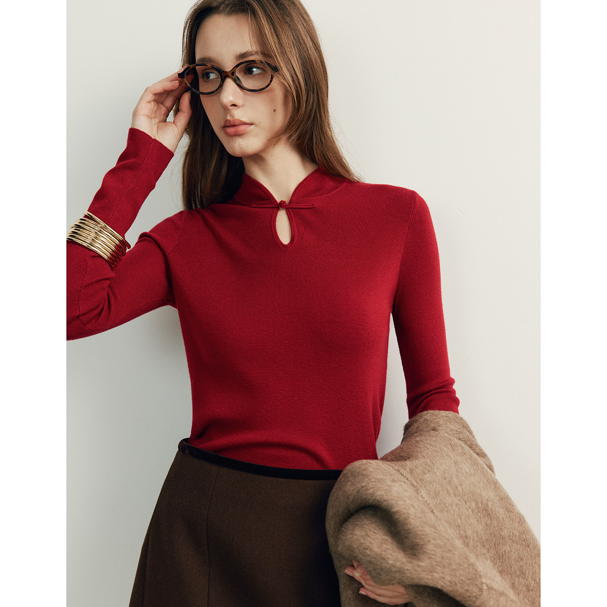 现货【爆款】桑蚕丝+羊毛 新中式立领盘扣镂空显瘦针织衫打底衫女