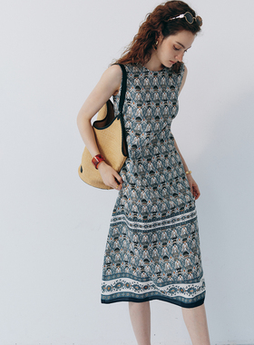 【古典浪漫】1OO%真丝缎面 圆领无袖复古墙纸印花背心连衣裙