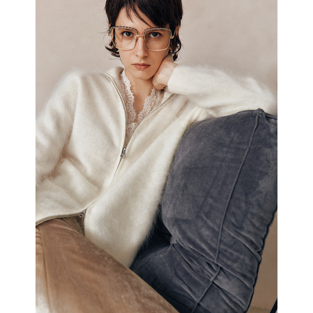 小皮草感拉绒针织拉链开衫上衣