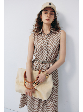 现货【高智通勤】1OO%真丝斜纹绸 衬衫领无袖/短袖收腰印花连衣裙