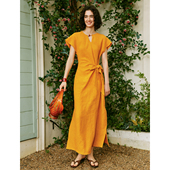 欧洲小众 100%亚麻 圆领一粒扣飞飞袖 侧系带收腰长款 连衣裙