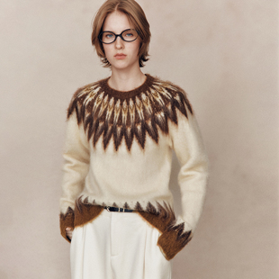 费尔岛提花几何图案套头羊毛针织毛衣女 超幼马海毛 冬日暖阳