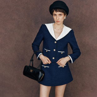 小香风海军领短款 定制粗花呢面料 外套 裙裤 女 套装 老客闭眼入