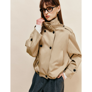 轻工装 精梳斜纹棉 小廓形感立领双排扣风衣短外套 小个子币入