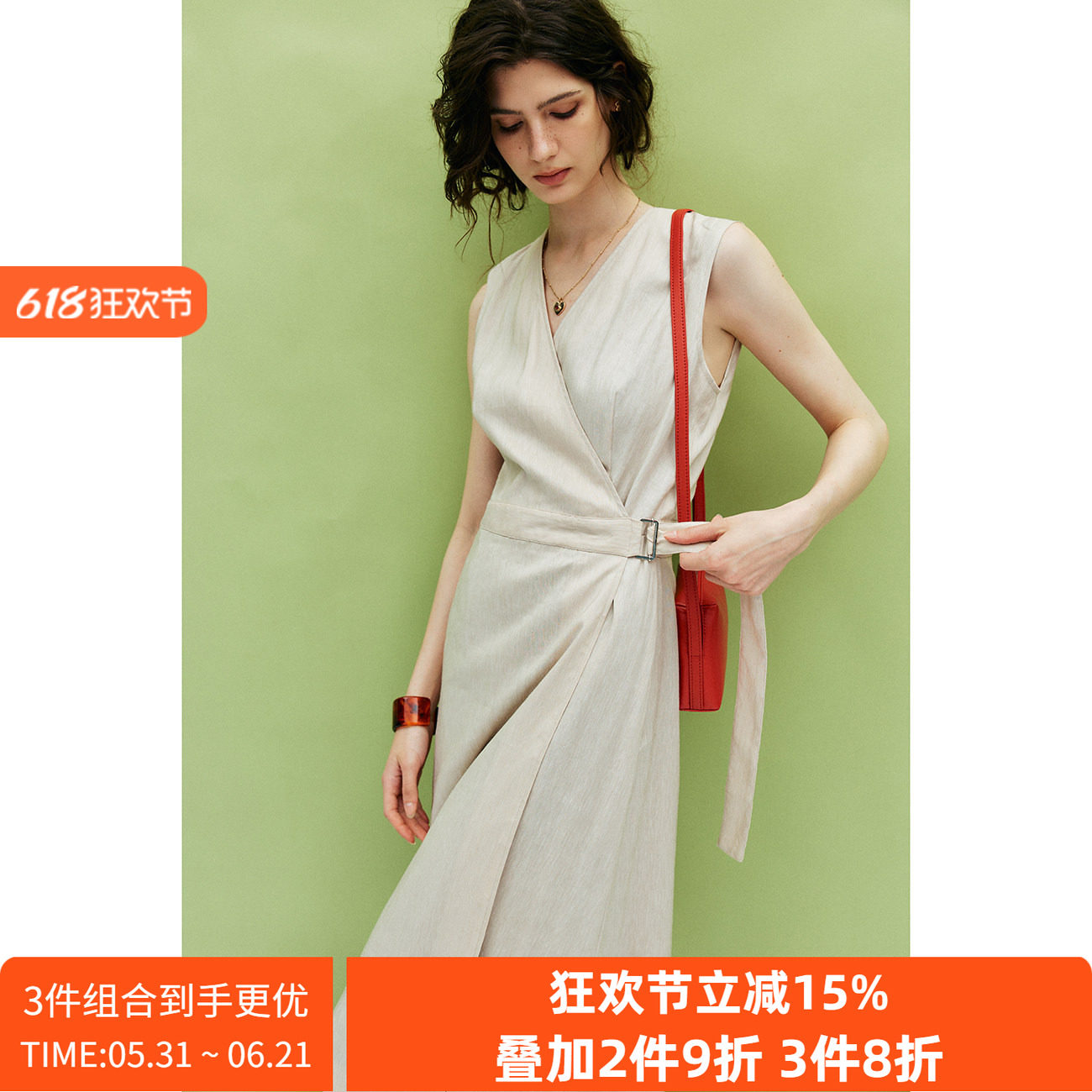 戒子色 亚麻混纺 高知币备 简约通勤围裹式亚麻裹身裙连衣裙女