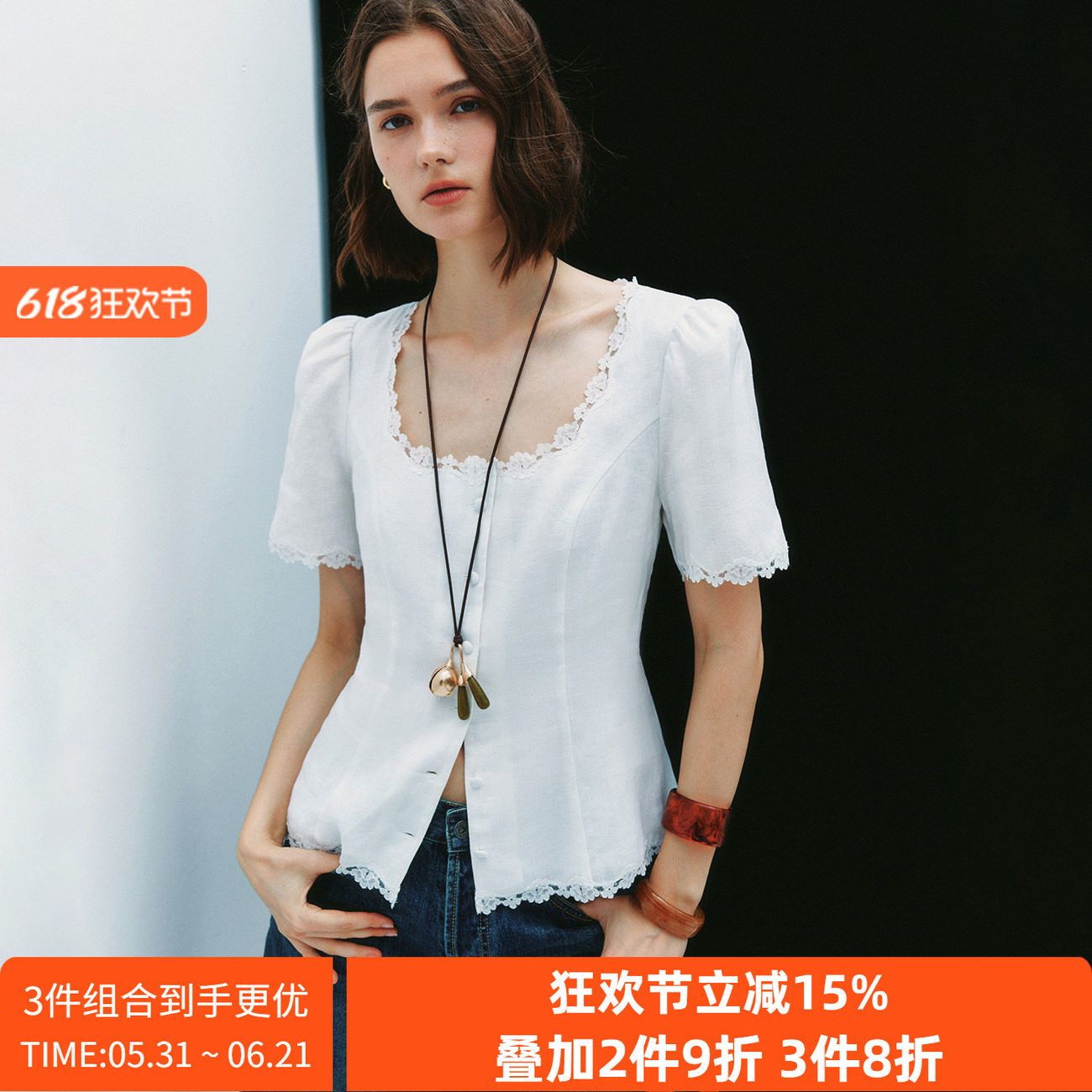 【宫廷小蛮腰】1OO%亚麻 法式复古蕾丝拼接系带收腰衬衫衬衣女