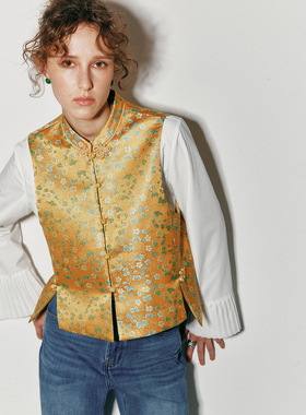 【青玉案】真丝金丝织锦提花 新中式国风立领盘扣马褂马甲背心