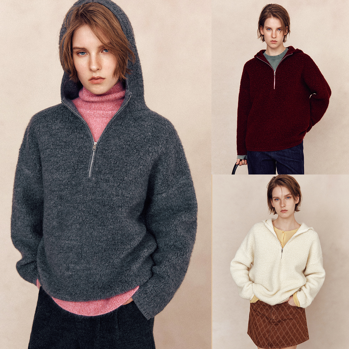 慵懒连帽半开襟拉链针织卫衣毛衣