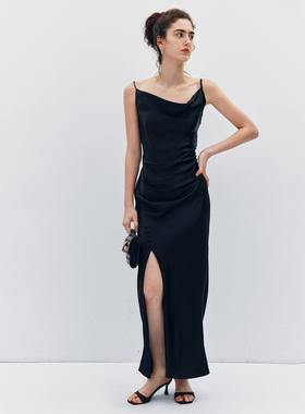 现货 日本进口1OO%三醋酸！抗皱！黑色褶皱收腰中长款吊带连衣裙