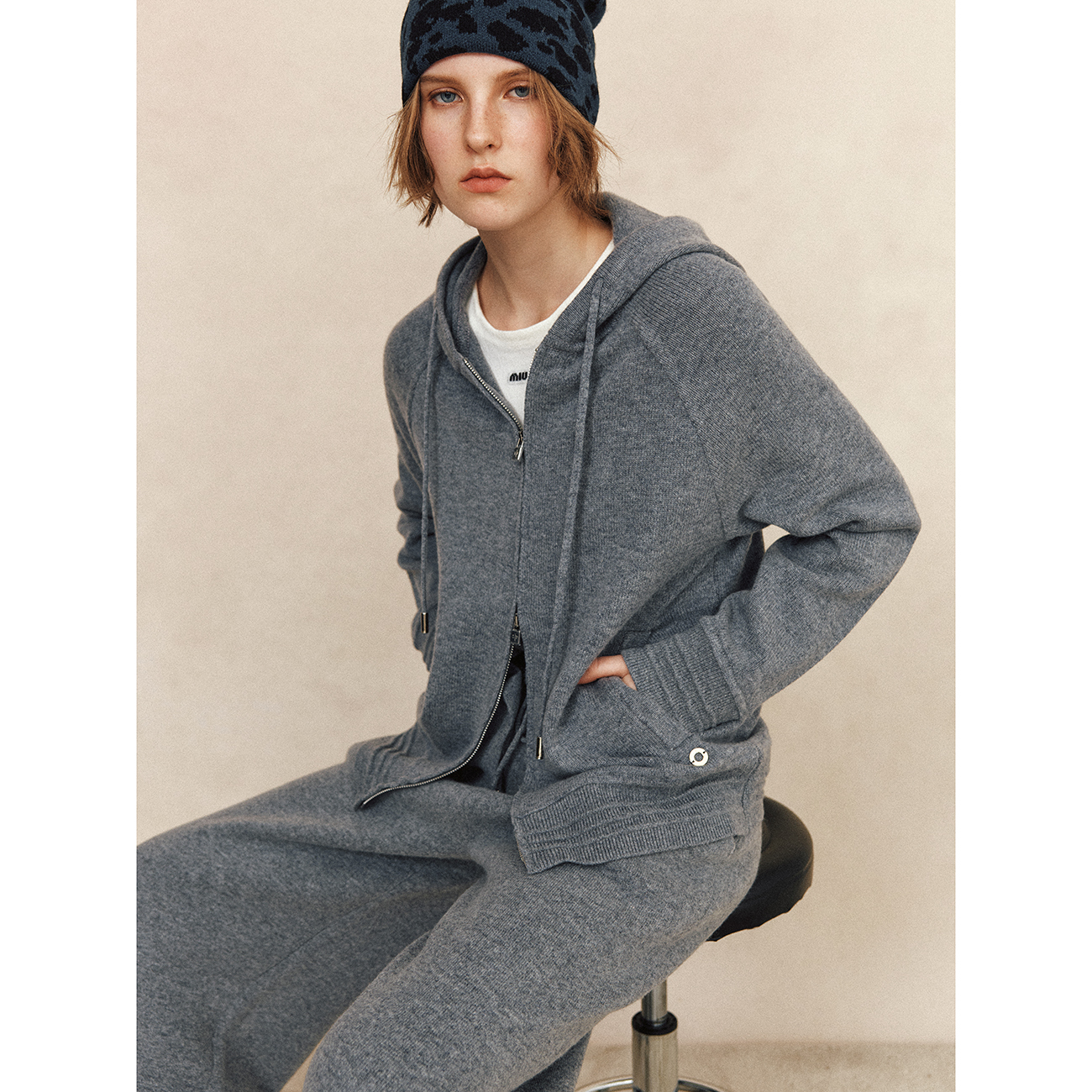 【丸美品相】1OO%山羊绒 连帽拉链针织开衫上衣+松紧腰长裤套装