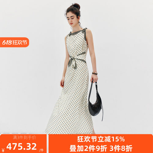 【上东区名流】法式复古一字领蝴蝶结收腰桑蚕丝真丝印花连衣裙
