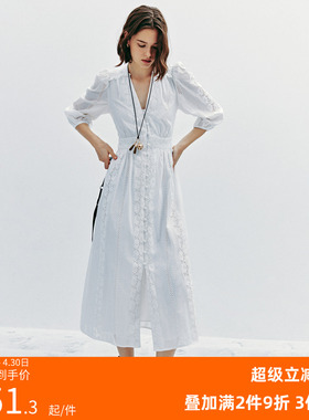【左岸月光】重工定位剪裁 法式度假风V领泡泡袖打揽高收腰连衣裙