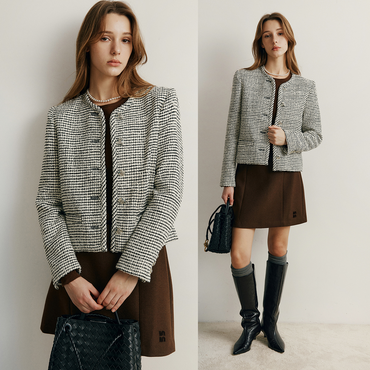 【温婉同款】黑白YYDS 韩国小众圆领条纹粗花呢短款小香风外套女