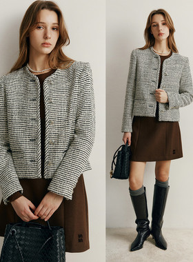 【温婉同款】黑白YYDS 韩国小众圆领条纹粗花呢短款小香风外套女