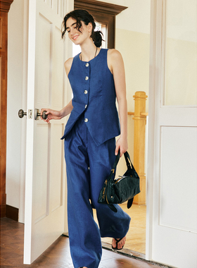 【质感老钱风】1OO%亚麻 经典修身剪裁桃心领修身马甲+阔腿裤套装