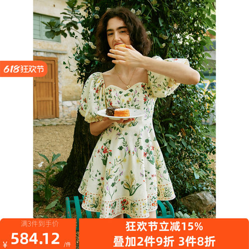 【郁花园】100%亚麻 度假海滩 方领泡泡袖中长款印花连衣裙