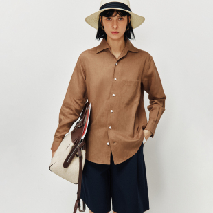 意式 衬衫 剪裁 老钱风舒适百搭翻领单口袋长袖 衬衣 1OO%亚麻