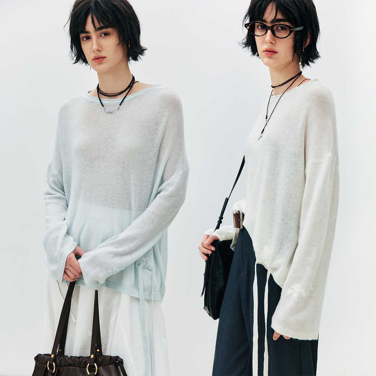 现货【老牌国奢】真丝+羊毛 宽松空气感微透蝴蝶结钩花针织衫女