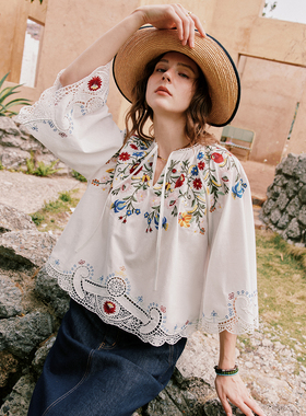 【南法假日】苎麻+精梳棉 法式度假风重工定位刺绣镂空衬衫上衣女
