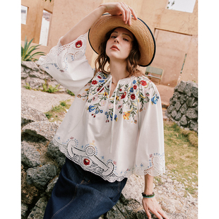 度假风重工定位刺绣镂空衬衫 上衣女 法式 精梳棉 南法假日 苎麻