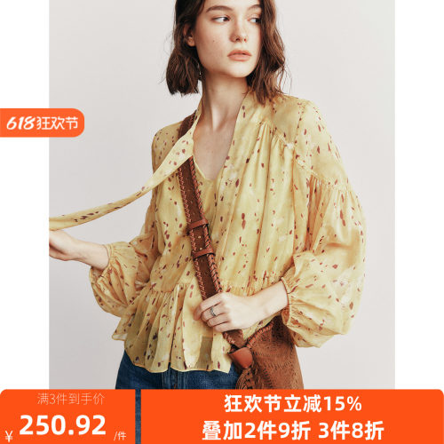 法式复古飘带领灯笼袖荷叶边衬衫