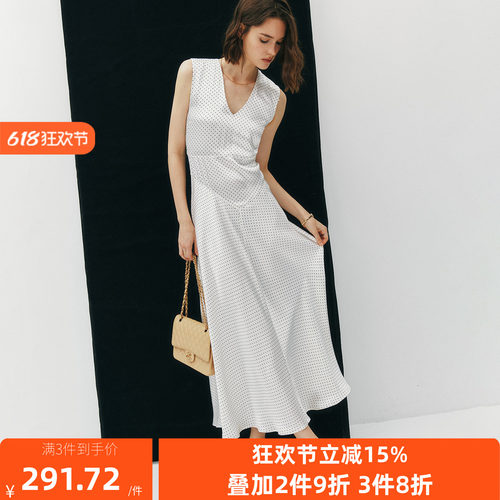 法式复古波点印花丝滑缎面连衣裙