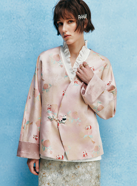 【非遗螺钿宋锦】1OO%桑蚕丝提花 新中式国风熊猫抱桃真丝外套女
