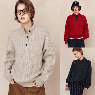 1OO%美丽诺羊毛 复古绞花半高领半开襟套头阿兰毛衣 老钱钟爱