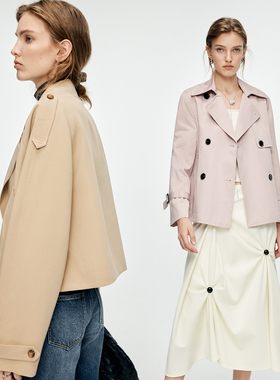 外单系列 经典百搭翻领双排扣短款小个子休闲外套+插肩袖风衣女