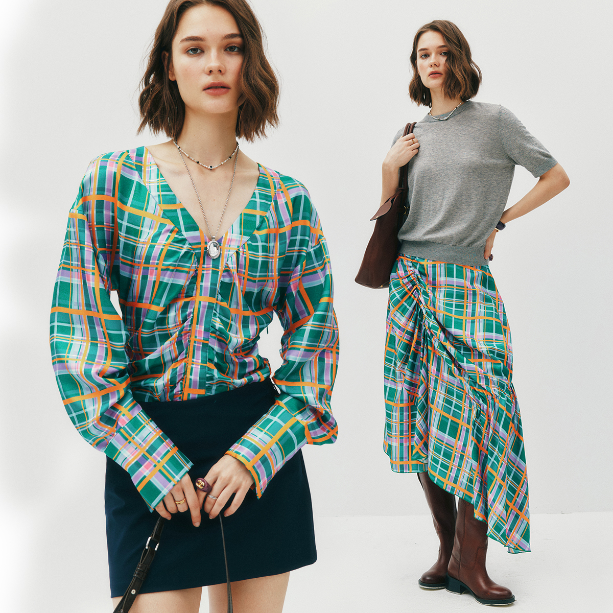 V领羊腿袖捏褶衬衫+半裙套装