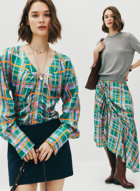 捡漏/帮工厂清仓】1OO%桑蚕丝V领羊腿袖捏褶衬衫+不对称剪裁半裙