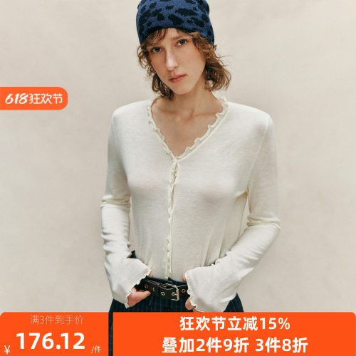 木耳边装饰V领长袖针织打底开衫
