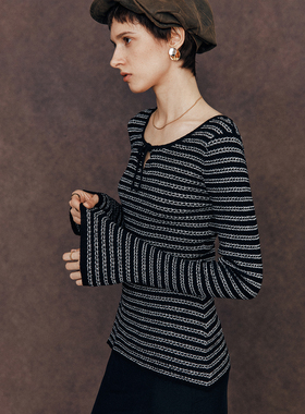 【一衣两穿】莱赛尔+绵羊毛 圆领水滴镂空系带修身条纹针织衫上衣