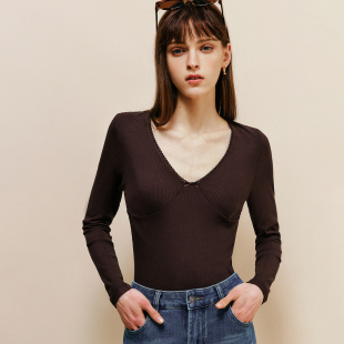 显瘦迷人 罗纹针织打底衫 高弹紧致 花边深V领修身 上衣女 法式